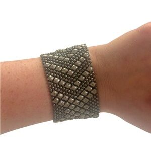 Vintage Sterling Silver Beaded Chain Metal Bracelet with Geometric Design